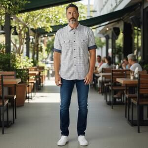 Free Planet Mens White Black Print Short Sleeve Button Down 4X